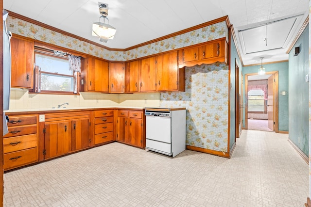 kitchen featuring white dishwasher, ornamental molding, and sink