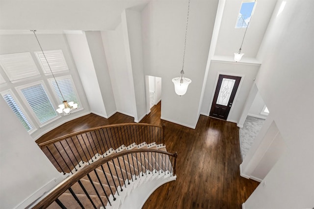 foyer entrance featuring a wealth of natural light, a towering ceiling, and dark hardwood / wood-style floors