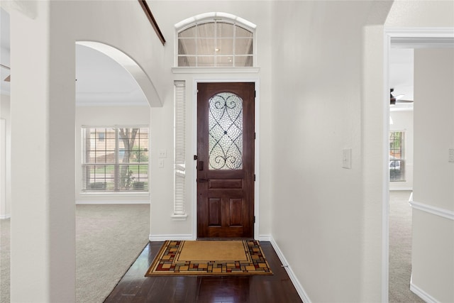 carpeted entryway featuring crown molding and ceiling fan