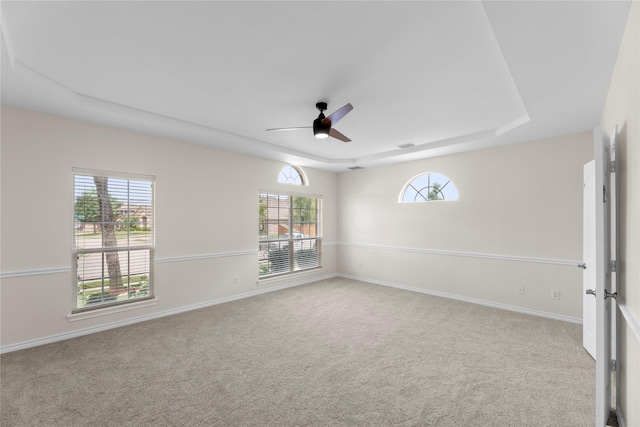 empty room with light colored carpet, a raised ceiling, and ceiling fan