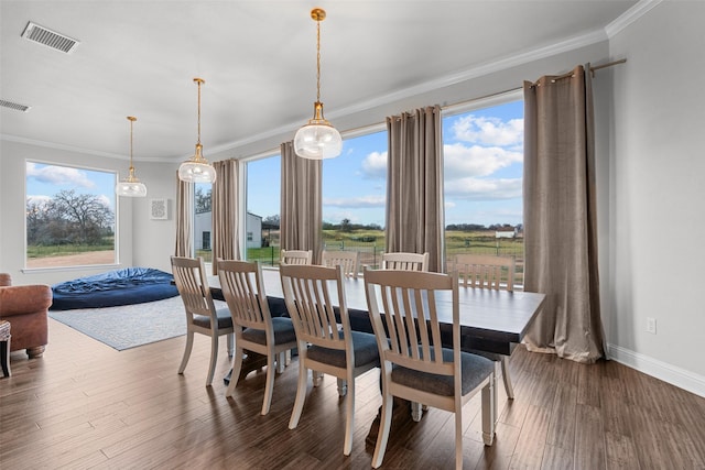 dining space featuring a wealth of natural light, dark wood-type flooring, and ornamental molding