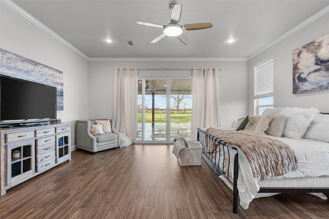 bedroom featuring access to exterior, crown molding, dark hardwood / wood-style floors, and ceiling fan