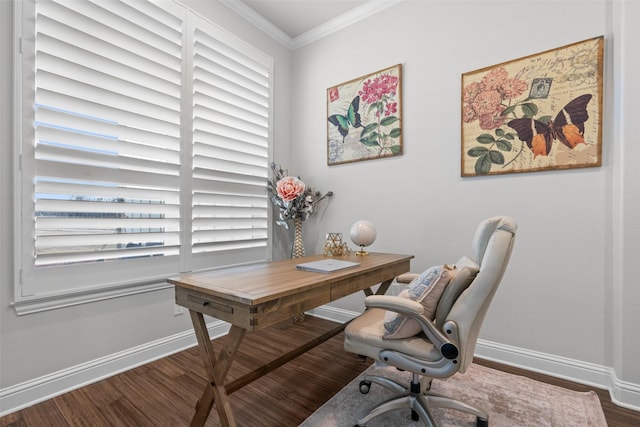 office with crown molding and dark hardwood / wood-style flooring