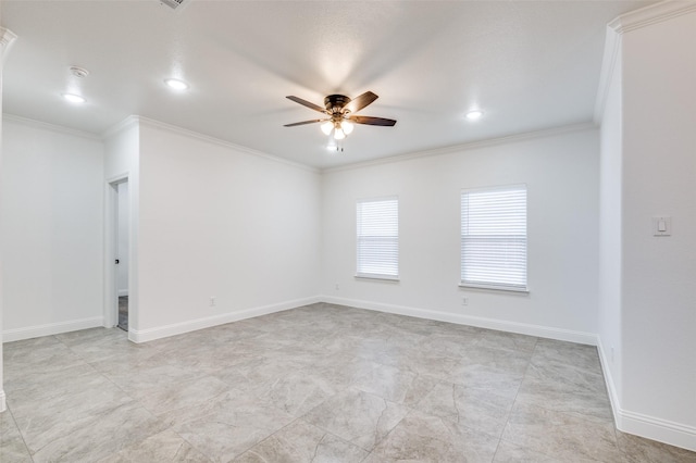 unfurnished room featuring crown molding and ceiling fan