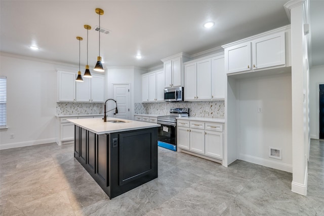 kitchen with white cabinetry, sink, a center island with sink, and appliances with stainless steel finishes