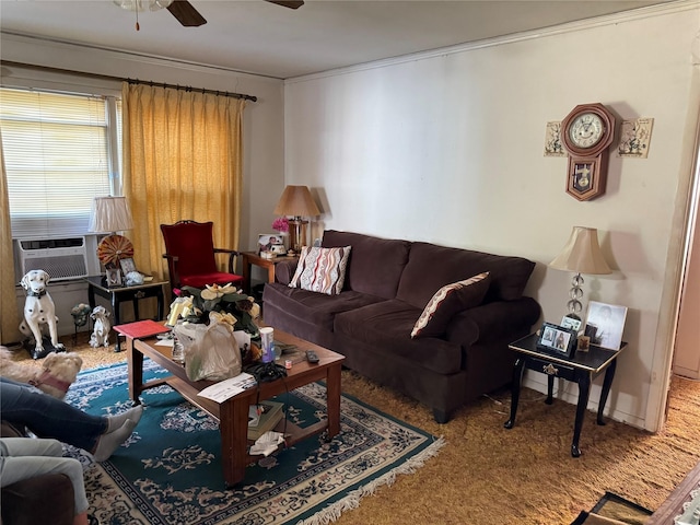 living room featuring carpet flooring, ceiling fan, and cooling unit