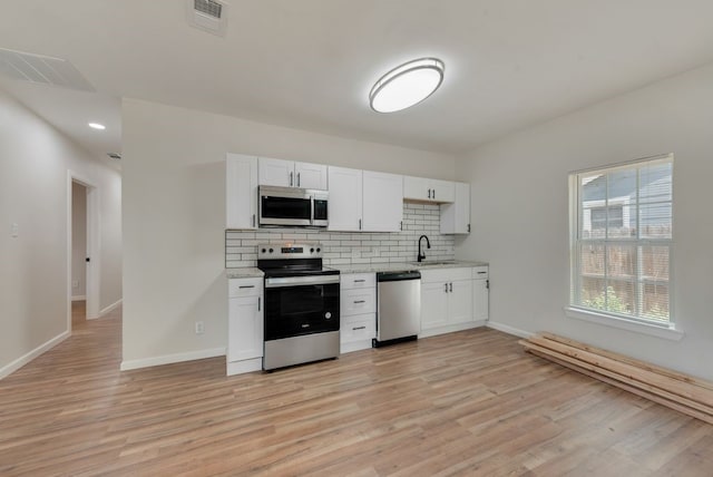 kitchen featuring decorative backsplash, white cabinets, light hardwood / wood-style floors, and appliances with stainless steel finishes