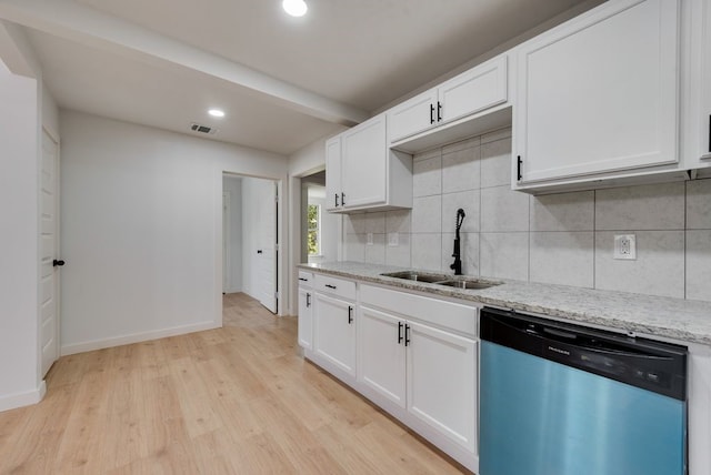 kitchen with sink, white cabinetry, light stone counters, dishwasher, and decorative backsplash