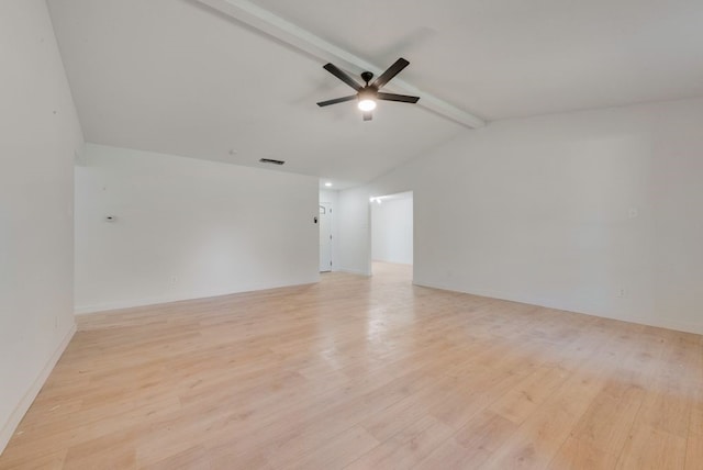 empty room featuring lofted ceiling with beams, light hardwood / wood-style floors, and ceiling fan