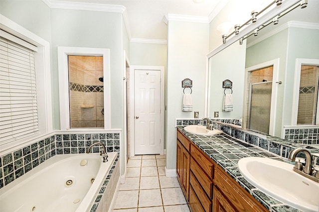 bathroom featuring tile patterned flooring, vanity, crown molding, and independent shower and bath