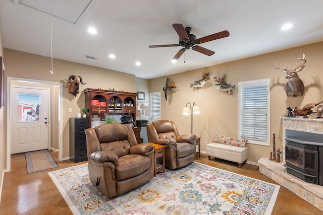 living room featuring ceiling fan