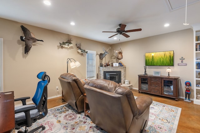 living room featuring ceiling fan