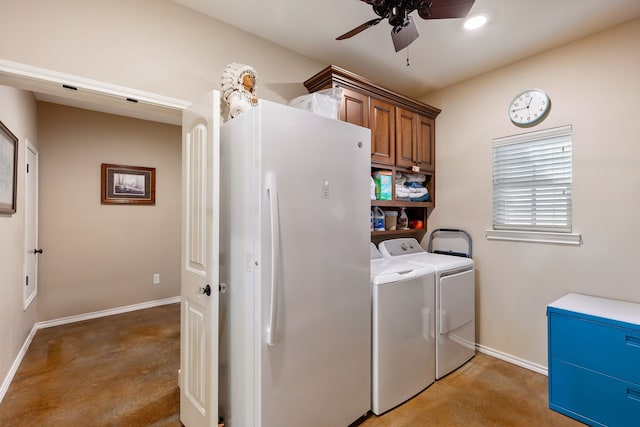 clothes washing area featuring cabinets, separate washer and dryer, and ceiling fan