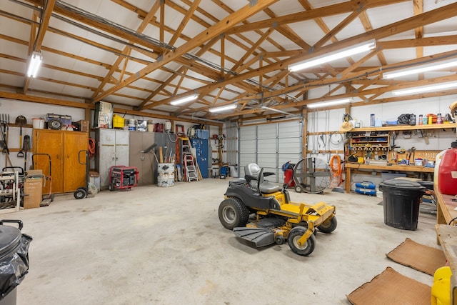 garage with a workshop area