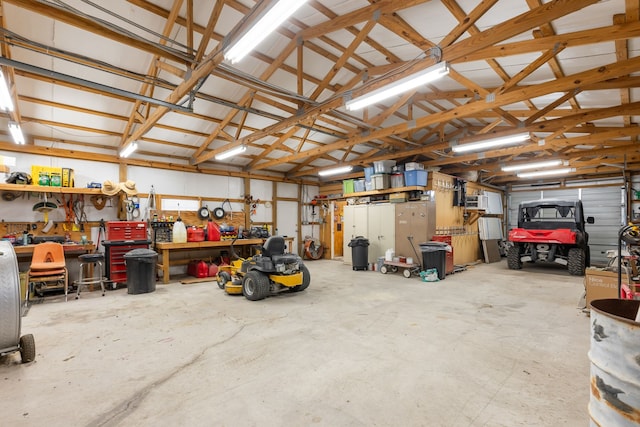 garage with a workshop area