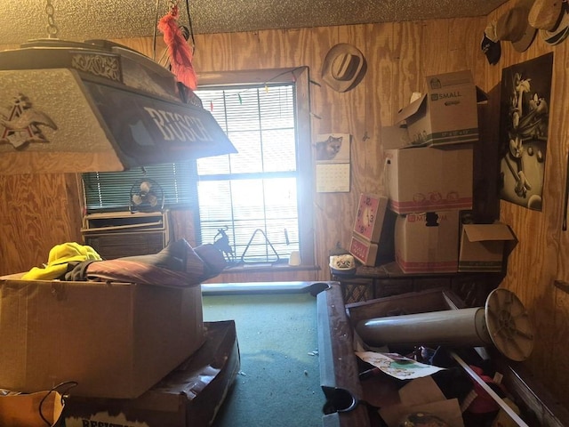 kitchen with carpet flooring and wood walls