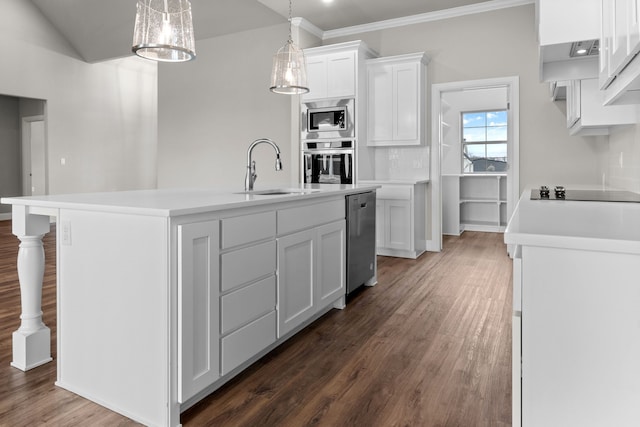 kitchen with appliances with stainless steel finishes, pendant lighting, white cabinetry, sink, and a center island with sink