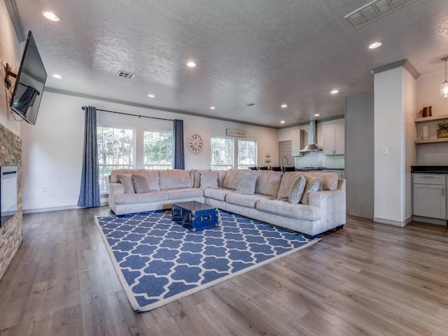 living room with wood-type flooring, a textured ceiling, and ornamental molding