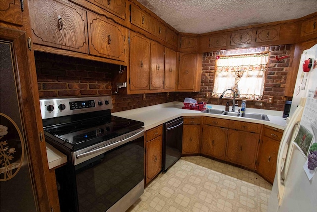 kitchen with a textured ceiling, sink, white refrigerator with ice dispenser, electric stove, and dishwasher