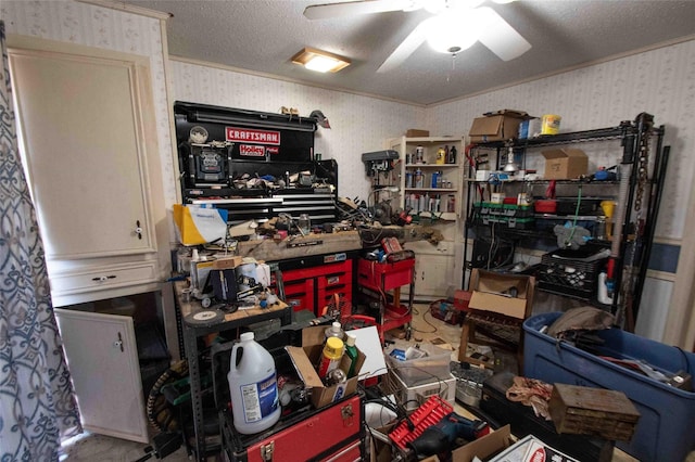 storage area featuring ceiling fan