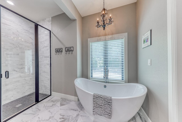 bathroom with shower with separate bathtub and a notable chandelier