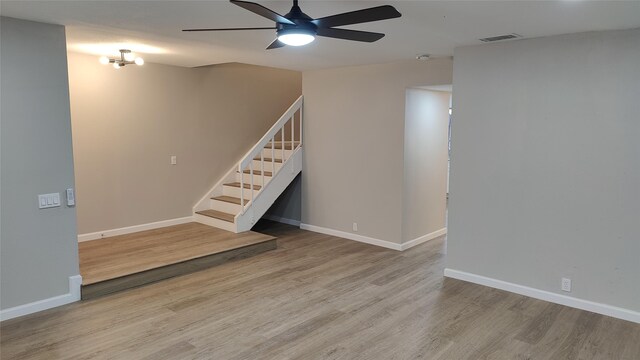 interior space featuring ceiling fan and light wood-type flooring