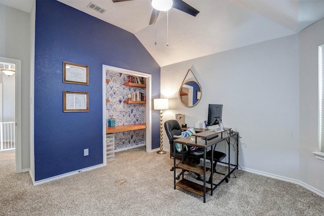 office featuring carpet floors, vaulted ceiling, and ceiling fan