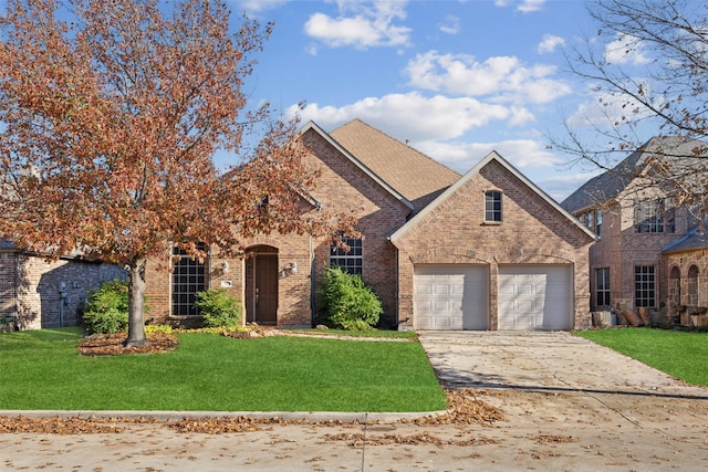 view of front of house with a garage, central air condition unit, and a front yard