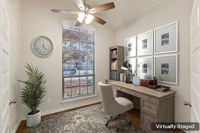 home office with ornamental molding, lofted ceiling, hardwood / wood-style floors, and ceiling fan