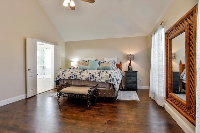 bedroom featuring connected bathroom, multiple windows, ceiling fan, and dark wood-type flooring