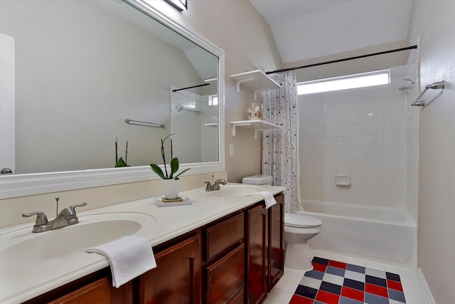 full bathroom with shower / bath combo with shower curtain, vanity, lofted ceiling, and toilet