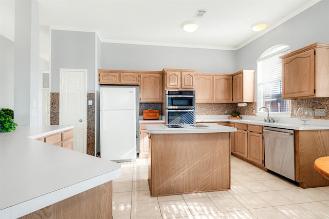 kitchen with decorative backsplash, appliances with stainless steel finishes, light tile patterned floors, and ornamental molding