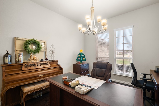 office with a notable chandelier