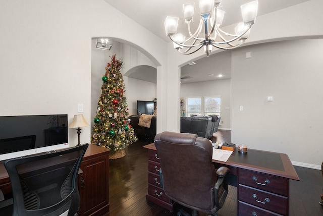 office featuring a chandelier and dark hardwood / wood-style flooring