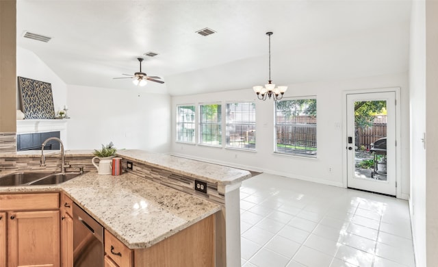 kitchen with ceiling fan with notable chandelier, sink, hanging light fixtures, stainless steel dishwasher, and decorative backsplash