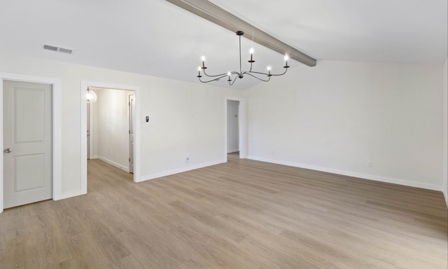 interior space featuring light wood-type flooring, lofted ceiling with beams, and an inviting chandelier