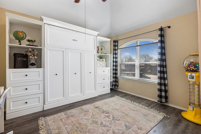 bedroom with dark hardwood / wood-style flooring and vaulted ceiling