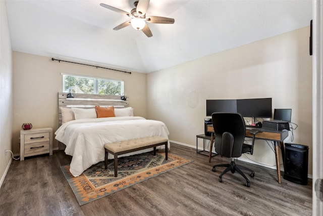 bedroom with lofted ceiling, dark wood-type flooring, and ceiling fan