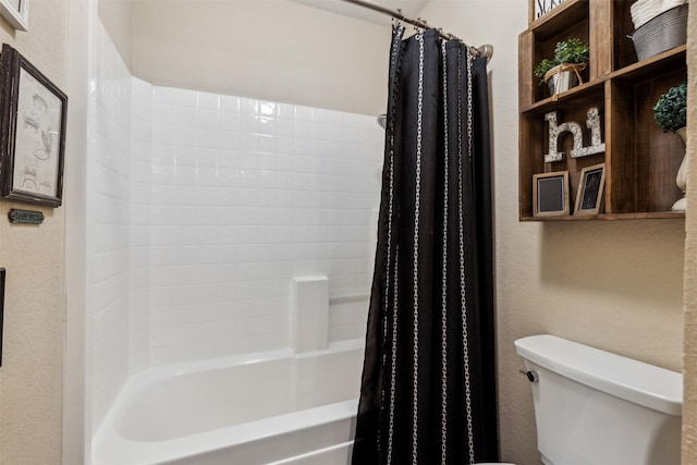 bathroom with toilet and shower / bathtub combination with curtain