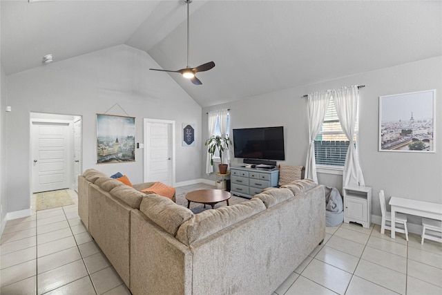 tiled living room featuring a wealth of natural light, ceiling fan, and high vaulted ceiling