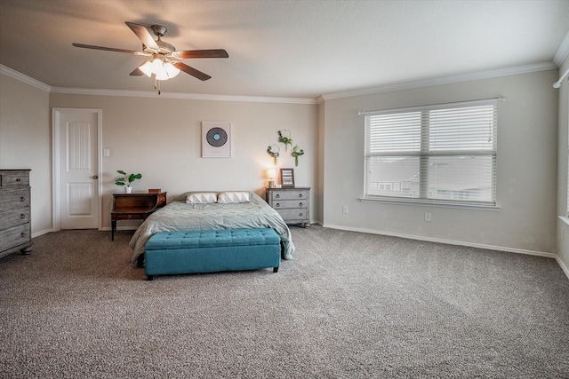 carpeted bedroom with ceiling fan and crown molding