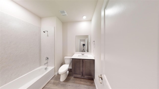 full bathroom featuring vanity,  shower combination, toilet, and wood-type flooring