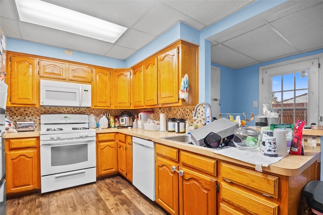 kitchen with a paneled ceiling, decorative backsplash, white appliances, and sink