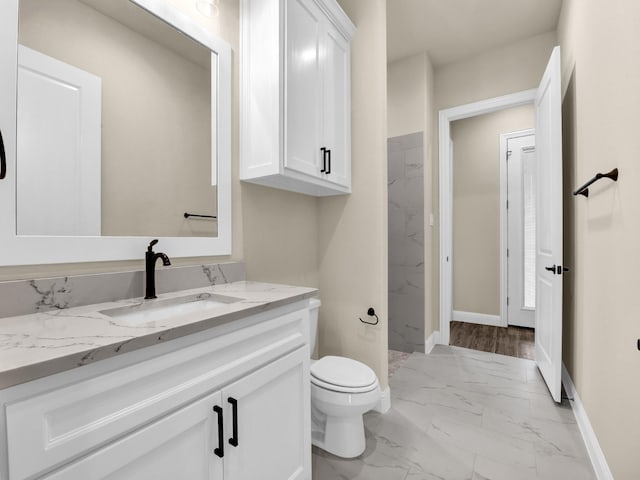 bathroom featuring a shower, vanity, and toilet