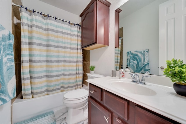 full bathroom with vanity, shower / bathtub combination with curtain, and toilet