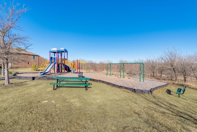 view of jungle gym featuring a yard