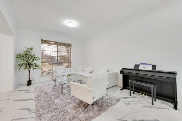 living room with crown molding