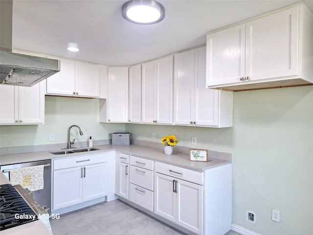 kitchen featuring sink, white cabinets, stainless steel dishwasher, and extractor fan