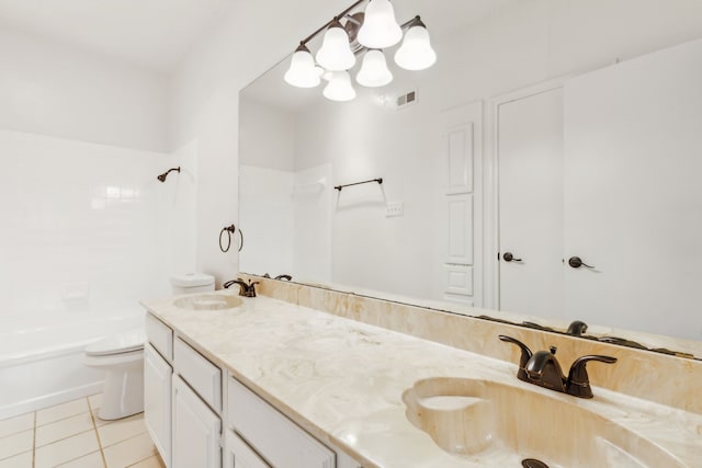 full bathroom featuring tile patterned floors, vanity, shower / bathtub combination, and toilet