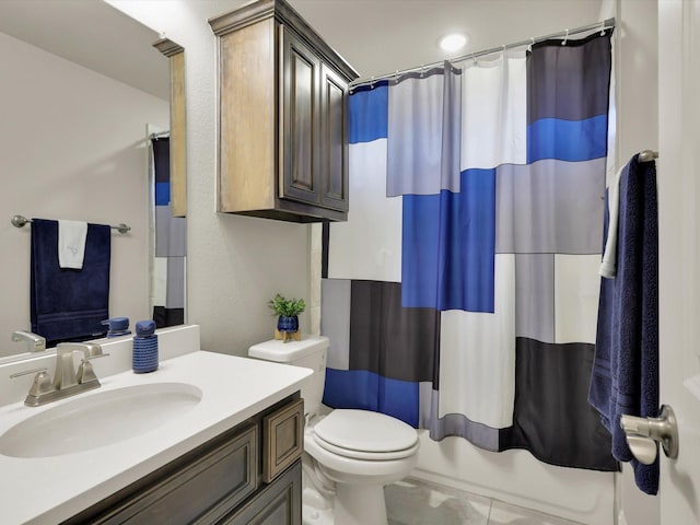 full bathroom with vanity, shower / bathtub combination with curtain, and toilet